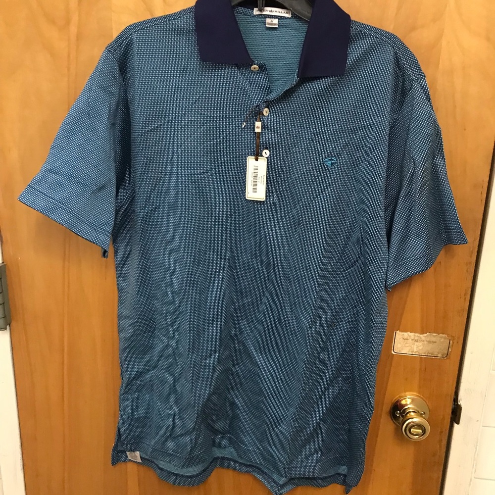 Peter Millar Print Polo Shirt Solid Navy Collar Size M NWT Golf Cotton $125
